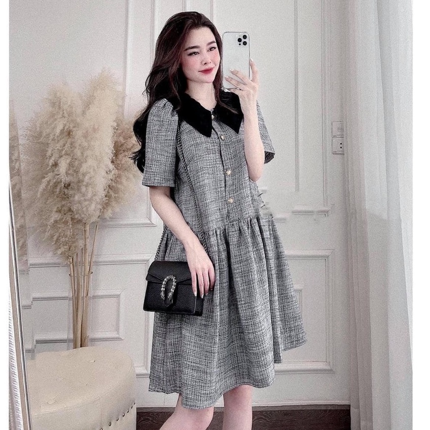 Váy Bầu, Váy babydoll Cộc Tay cổ sen, chất vải dạ cao cấp mặc thoải mái mềm mát thoải mái