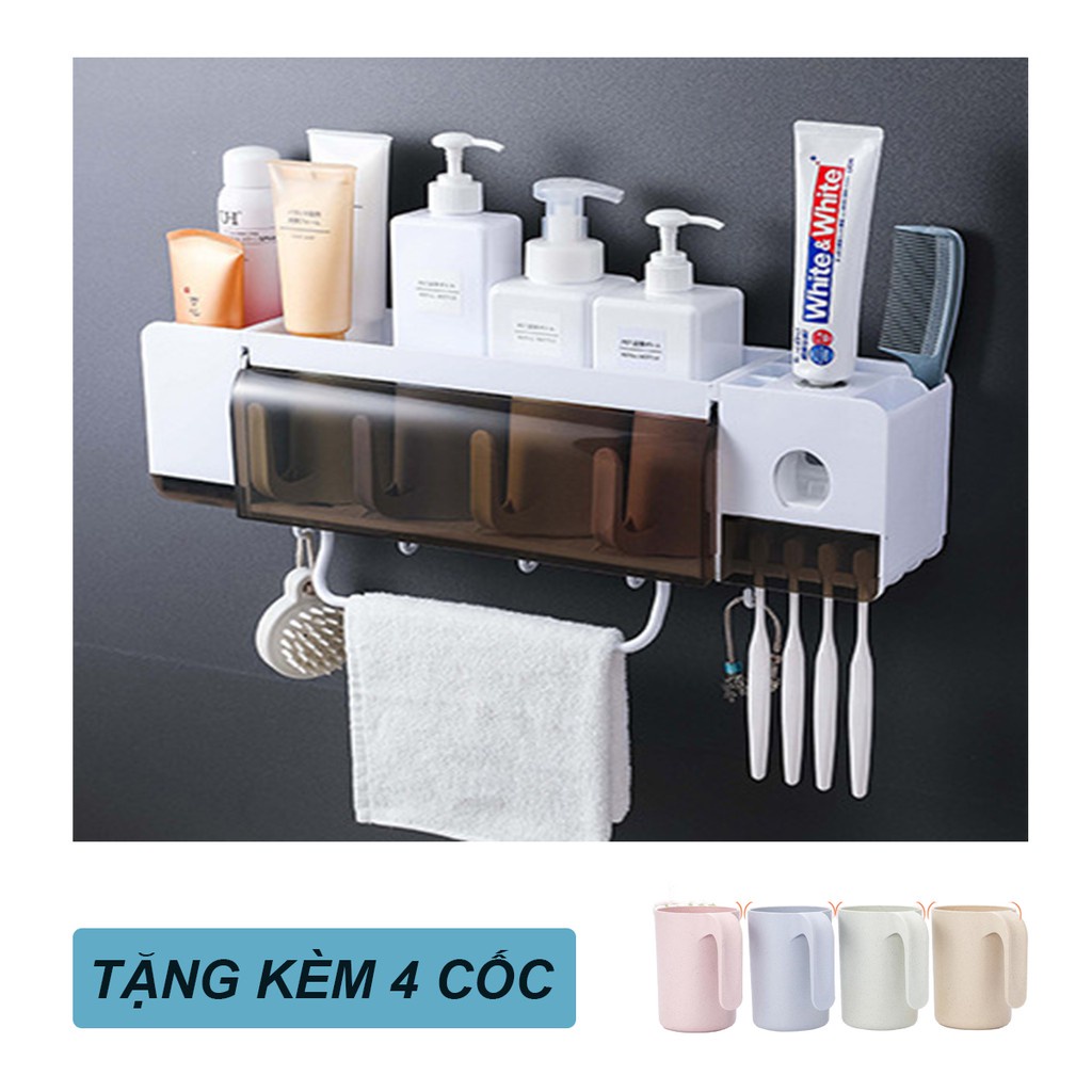 COMBO KỆ ĐỂ MỸ PHẨM, DAO CẠO RÂU, KEM ĐÁNH RĂNG CHO NHÀ TẮM GỌN GÀNG NGĂN NẮP KÈM THANH PHƠI KHĂN (TẶNG 4 CỐC)