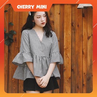 [Ảnh thật] Áo Kiểu Nữ Babydoll Kẻ Sọc Caro Tay Loe - A1835 - Cherry