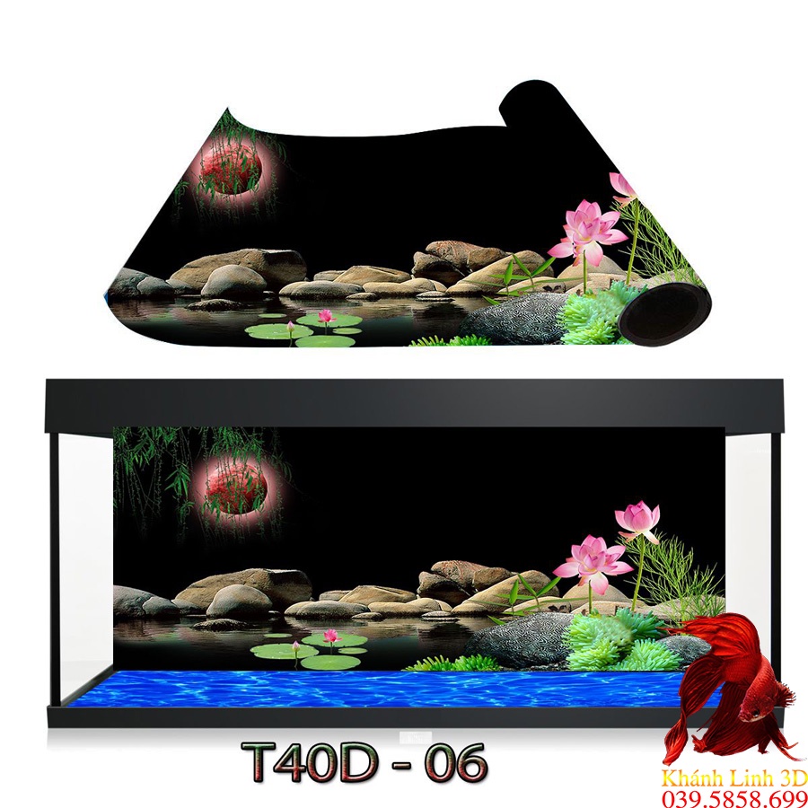 Tranh 3D thủy sinh hình đầm sen dán hồ cá, tặng kèm đồ dán, chất lượng cao