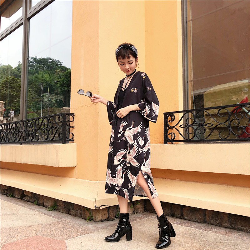 Áo khoác Kimono haori happi dáng dài kèm đai