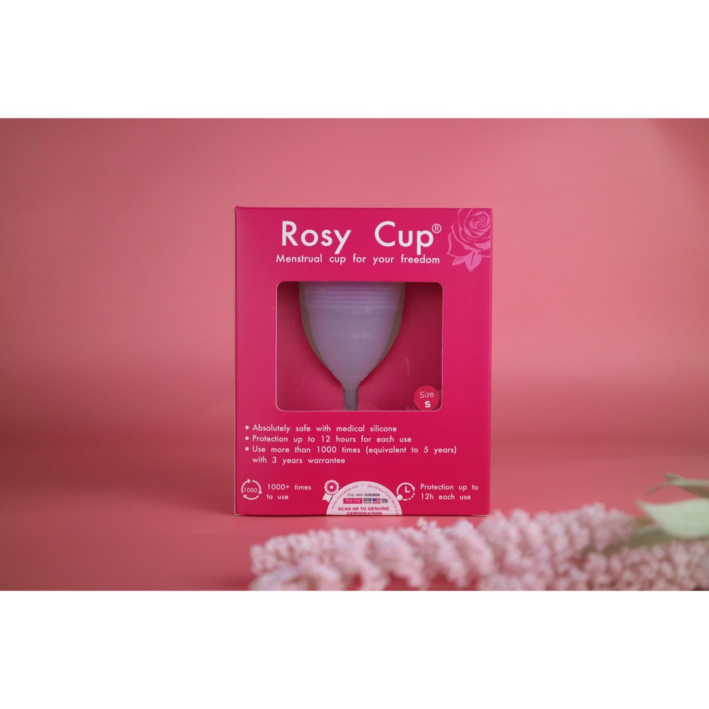 Cốc nguyệt san Rosy Cup chính hãng tặng quà kèm theo | Silicone y tế chính hãng Rosy Cup USA đầy đủ mã vạch