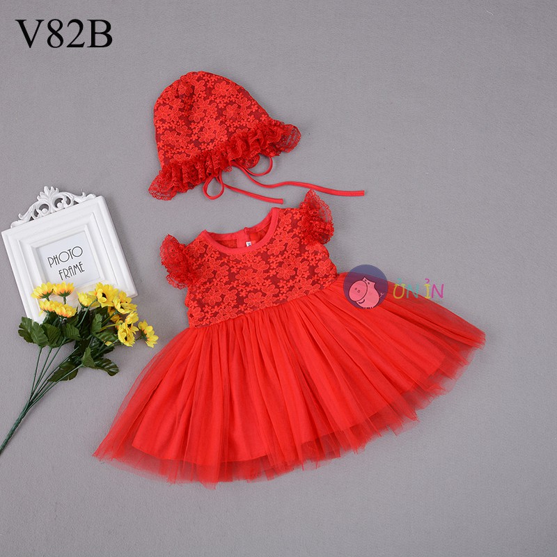 Đầm Bé Gái Dễ Thương Lưới Ren Công Chúa Tay Ngắn Kèm Nón - V82
