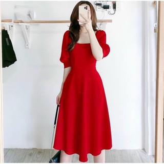 Đầm váy đỏ cổ vuông tay lỡ (kèm hình thật)