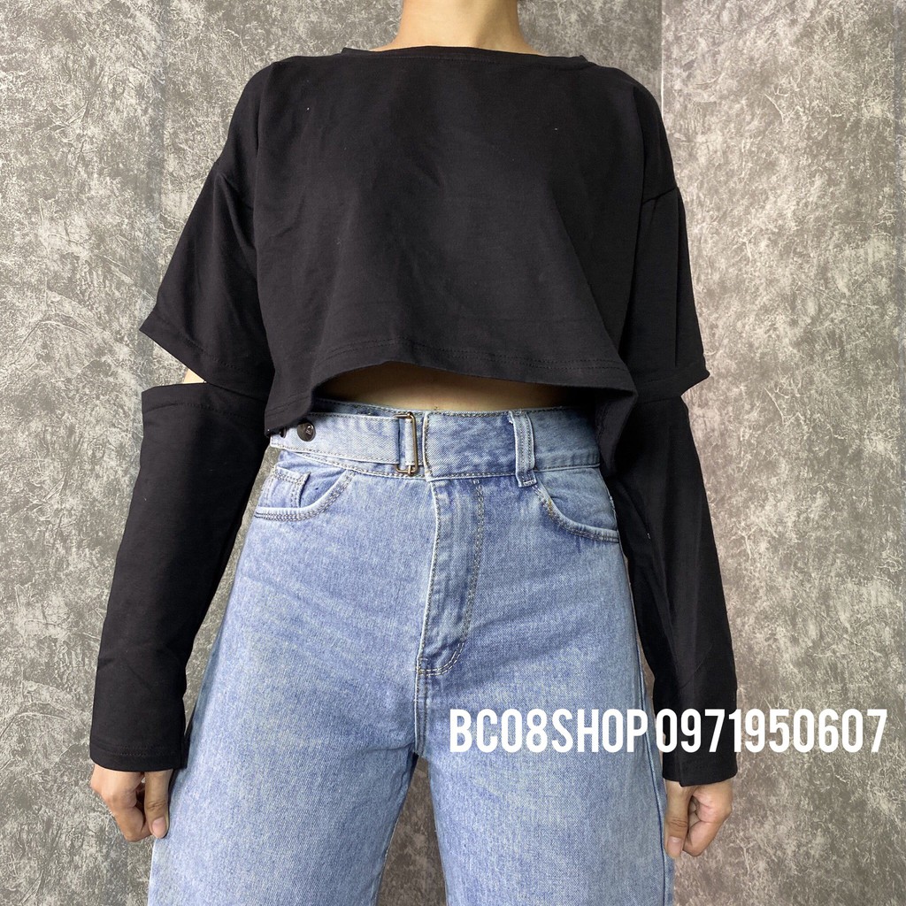 Áo Croptop Tay Dài Ulzzang Rách Tay Màu Đen BC316