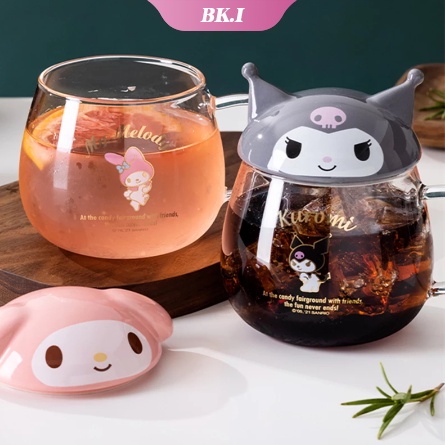 Cốc Thủy Tinh Uống Nước Chịu Nhiệt 400ML Có Nắp Và Muỗng Hình Anime Kuromi My Melody Sanrioed Cinnamoroll