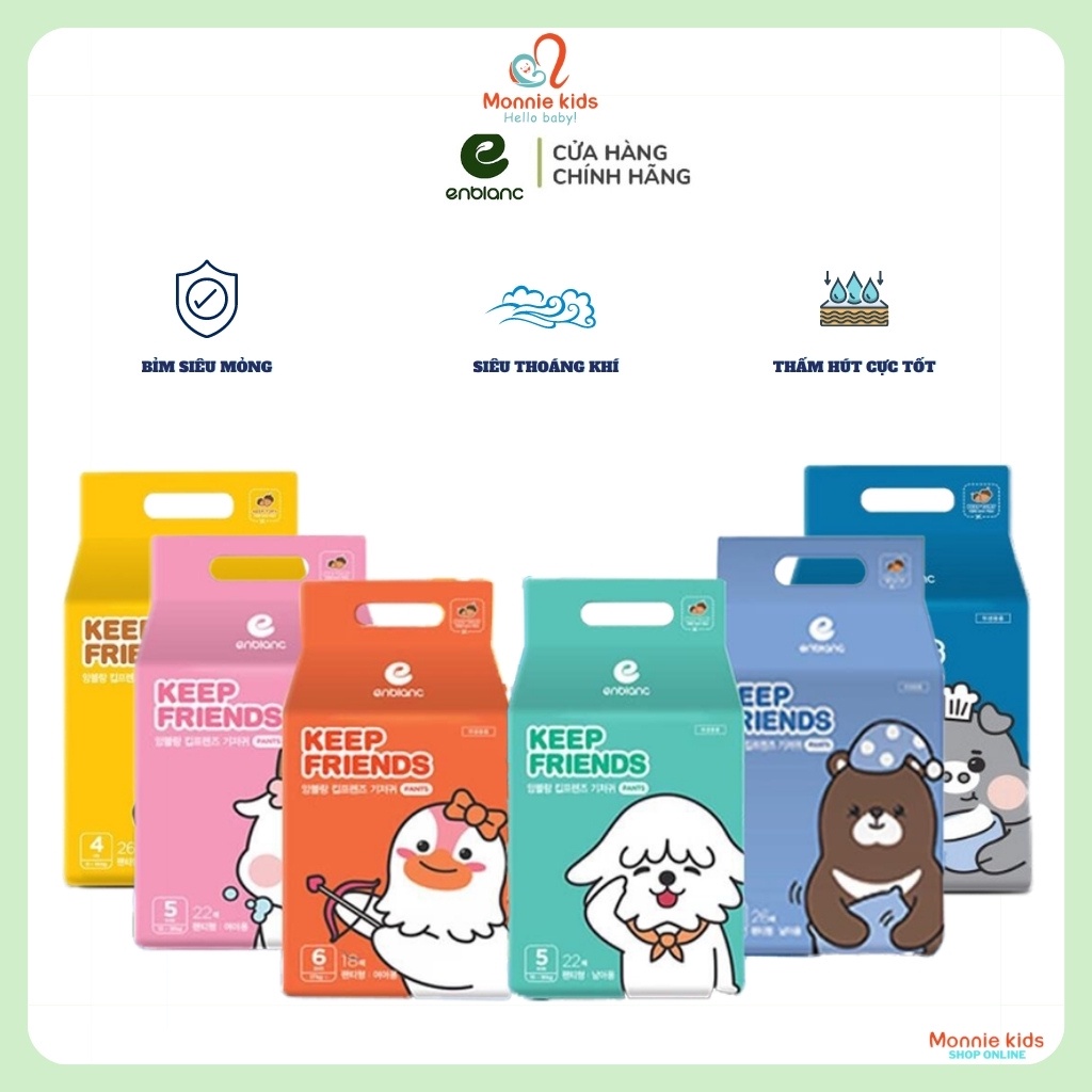 Bỉm tã quần cho bé ENBLAC Keep Friend size 4/26M 5/22M 6/18M, bỉm quần em bé - Monnie Kids