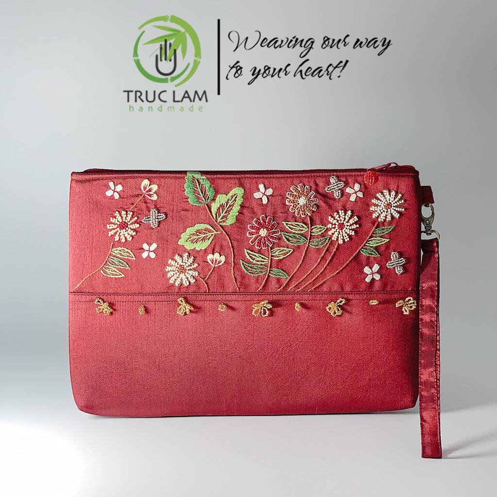 Ví Đựng Ipad Clutch Cầm Tay Thêu Cành Hoa Đính Hạt Cườm Vải Tafta Cỡ To - Trúc Lâm Handmade