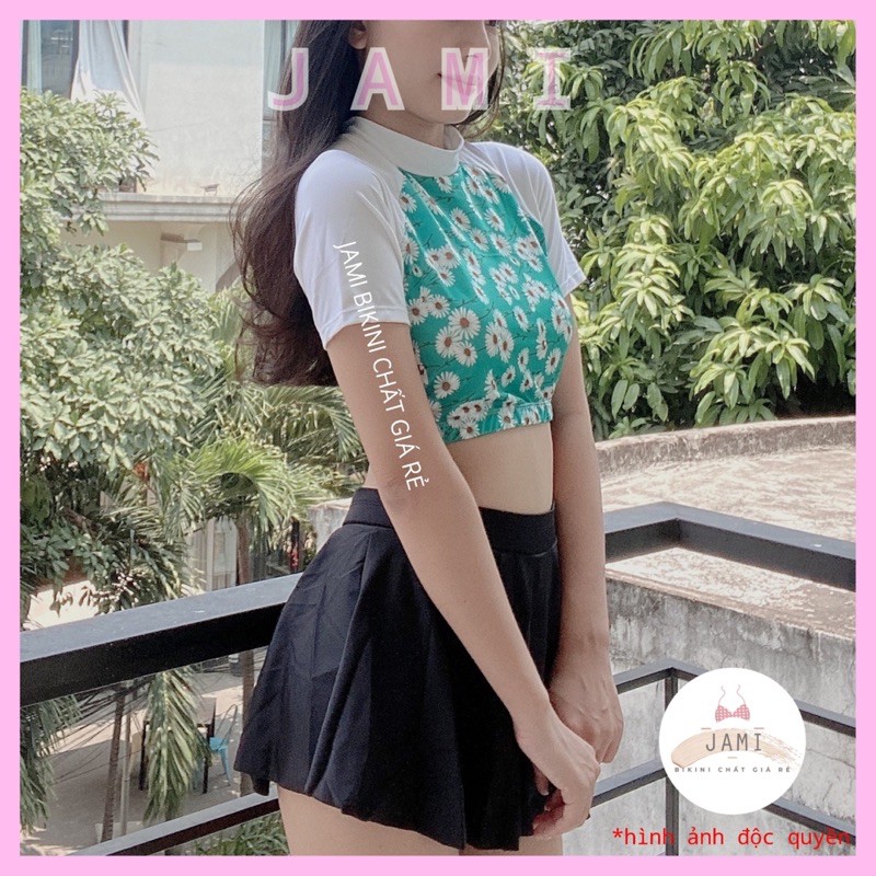 Đồ bơi bikini tay dài hoa cúc xanh ngọc váy cạp cao đi biển - ATD39 | BigBuy360 - bigbuy360.vn