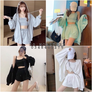 SET ÁO KHOÁC NỈ TAY BỒNG PHỐI CROPTOP 2 DÂY MIX QUẦN SHORT ĐÙI ULAZANG ĐEN TRẮNG XÁM XANH - SET NỈ 3 MÓN