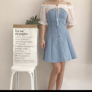 Đầm liền jean phối bẹt vai