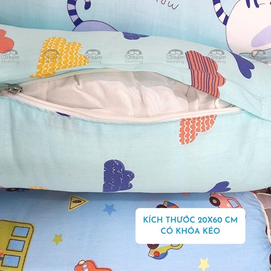 Gối ôm cho bé cotton 100% bông gòn tinh khiết, vỏ gối ôm cho bé size 20x60 cm ruột gối bông gòn trắng