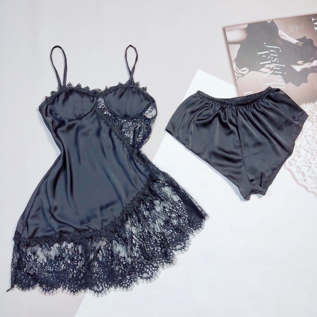 Đầm ngủ lụa satin phối ren có mút ngực bo ren eo sexy kèm quần