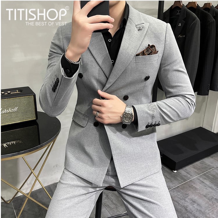 Vest Nam đẹp 6 cúc màu ghi xám, Áo Blazer nam phong cách Hàn Quốc
