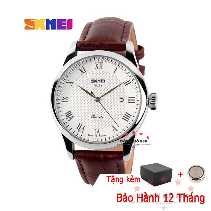 Đồng hồ nam Skmei máy Nhật dây da chống ghỉ chống nước chống xước mặt tròn 38mm lịch ngày có hộp tặng pin bảo hành 9058