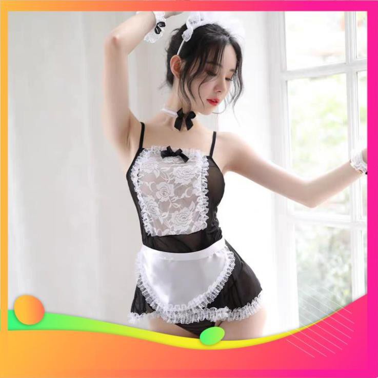 [ COSPLAY SEXY KATA - HÀNG CAO CẤP ] Bộ Đồ Ngủ Cosplay Hầu Gái Xẻ Sau (Đủ Phụ Kiện) MS1251