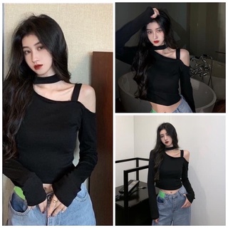 Áo thun nữ tay dài croptop trễ một bên vai phong cách cá tính