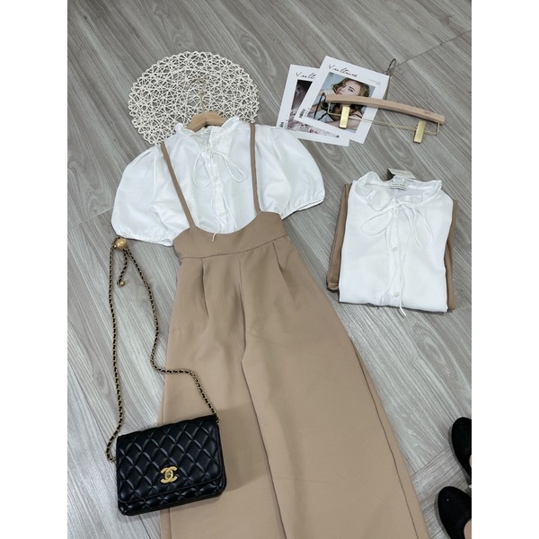 Set yếm kèm áo sơi mi tay bồng siêu xinh