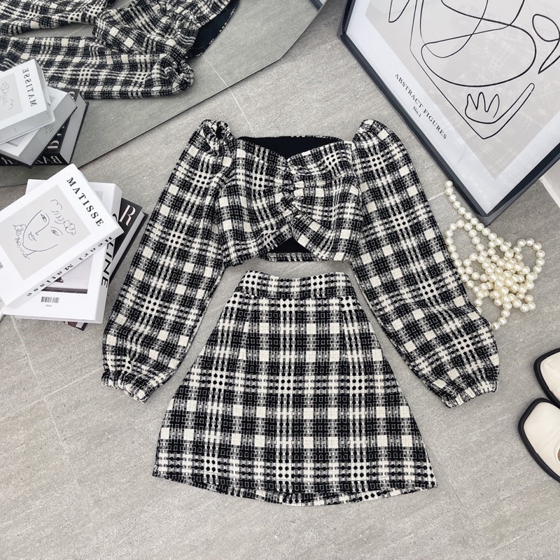 Set áo crop caro xoắn ngực tay dài + chân váy form A ulzzang quảng châu | BigBuy360 - bigbuy360.vn