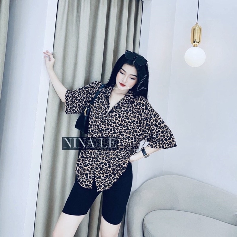 Set sơ mi báo mix quần legging lửng