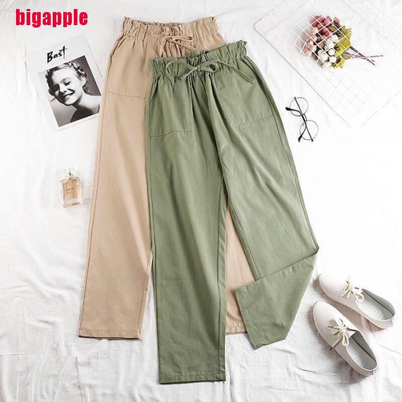 Quần Dài Ống Rộng Vải Lanh Cotton Lưng Thun Cho Nữ