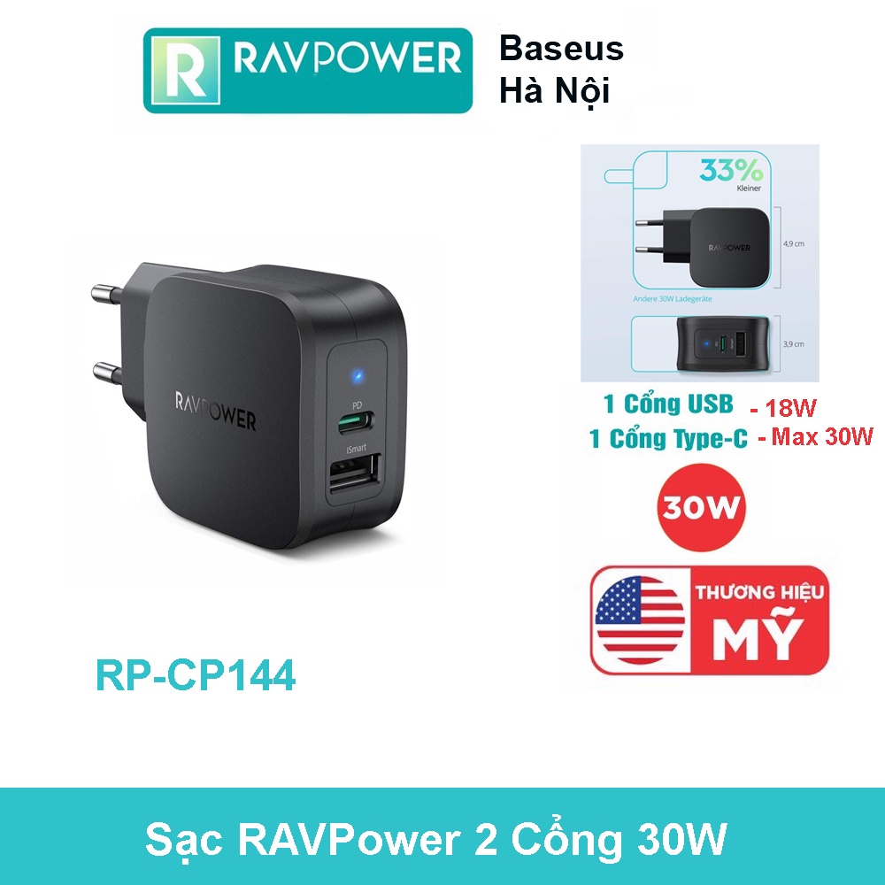 Sạc RAVPower 30W 2 Cổng Type C Sạc nhanh PD  30W Max RP PC144 Chân tròn