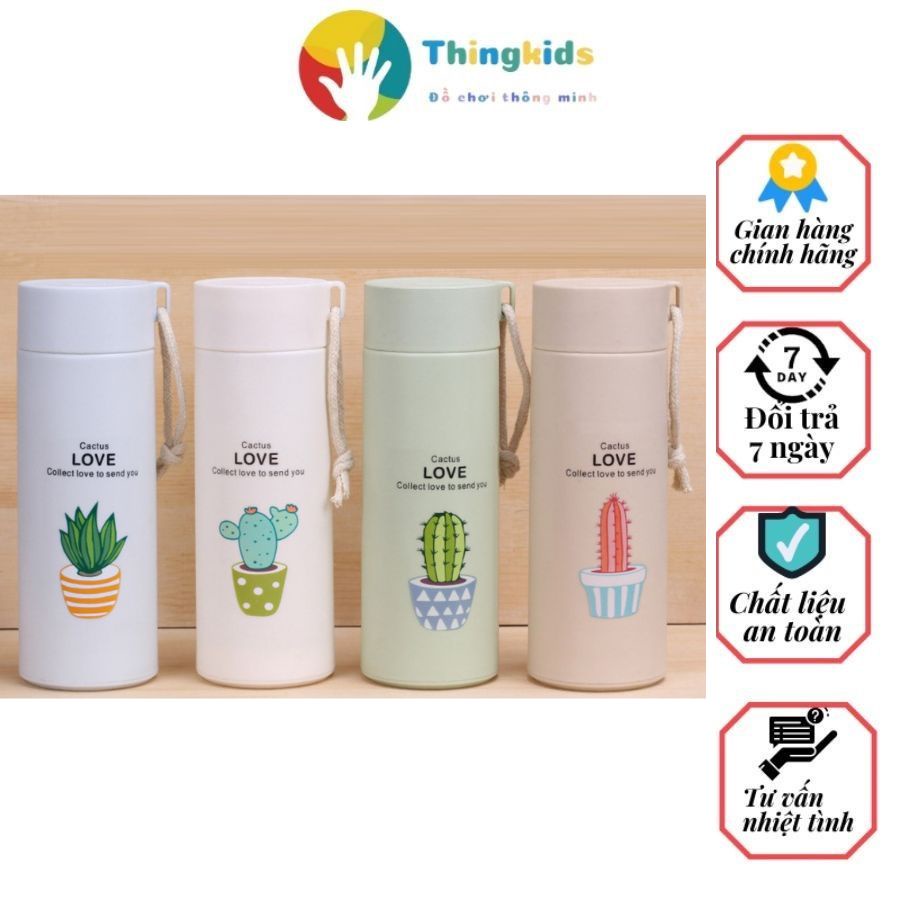 Bình nước in hình xương rồng nhiều màu 400ml - Thingkids