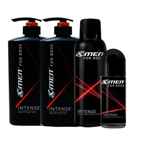 Bộ sản phẩm Dầu gội - Sữa tắm - Xịt và lăn khử mùi XMen For Boss Intense