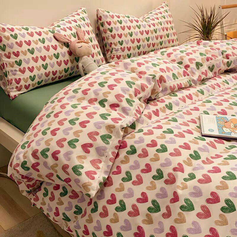 Bộ chăn ga gối poly cotton HQ mưa tim sắc màu nhập khẩu cao cấp - Bo chun ga miễn phí