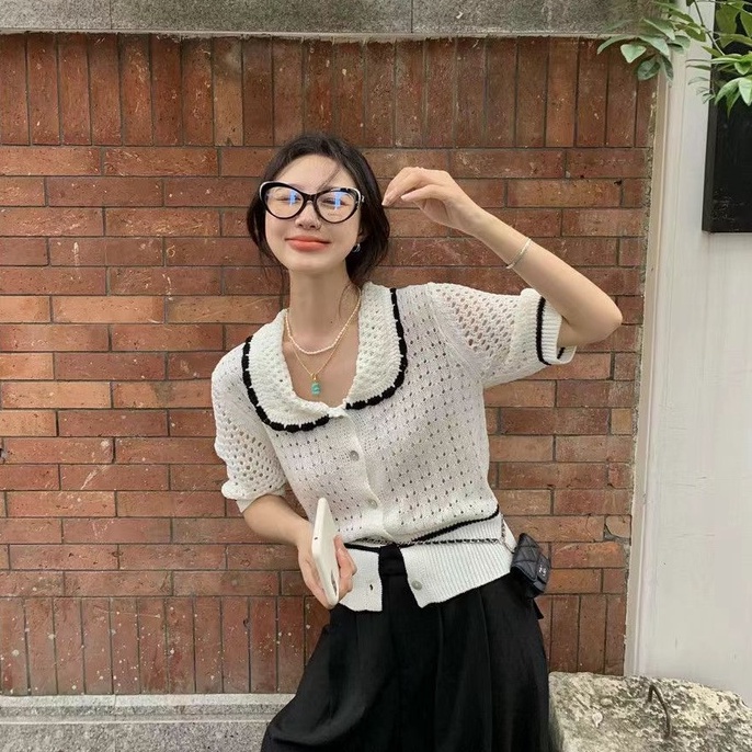 Áo cardigan dệt kim ZHELIHANGFEI tay ngắn cổ búp bê dáng rộng thời trang dễ thương xinh xắn cho nữ