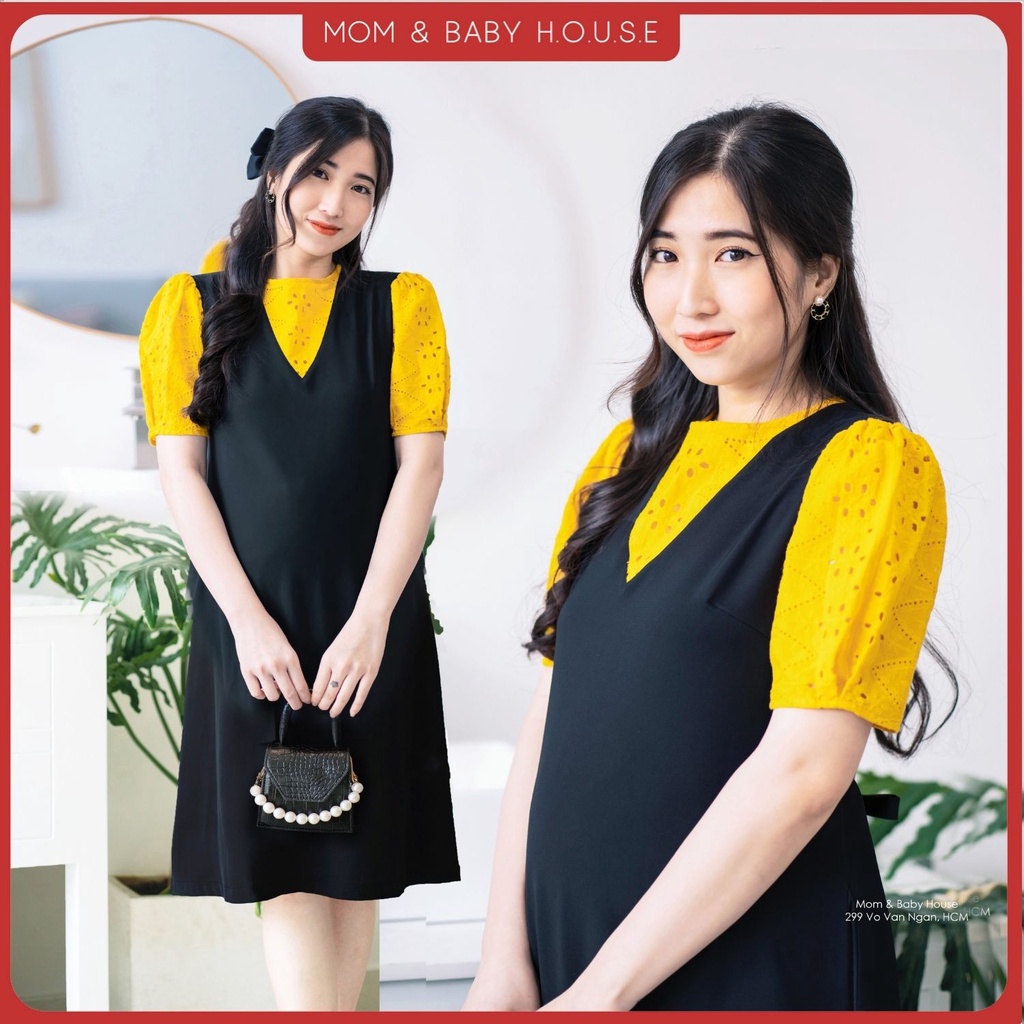 Đầm bầu đen suông tay ren thêu phồng
