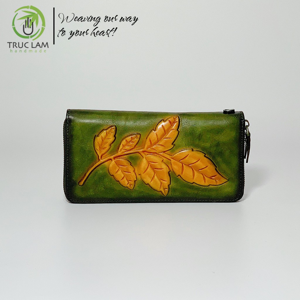 Ví Dài Cầm Tay Thời Trang Nữ Da Thật Cao Cấp Có Khóa Kéo Họa Tiết Cành Lá – Trúc Lâm Handmade