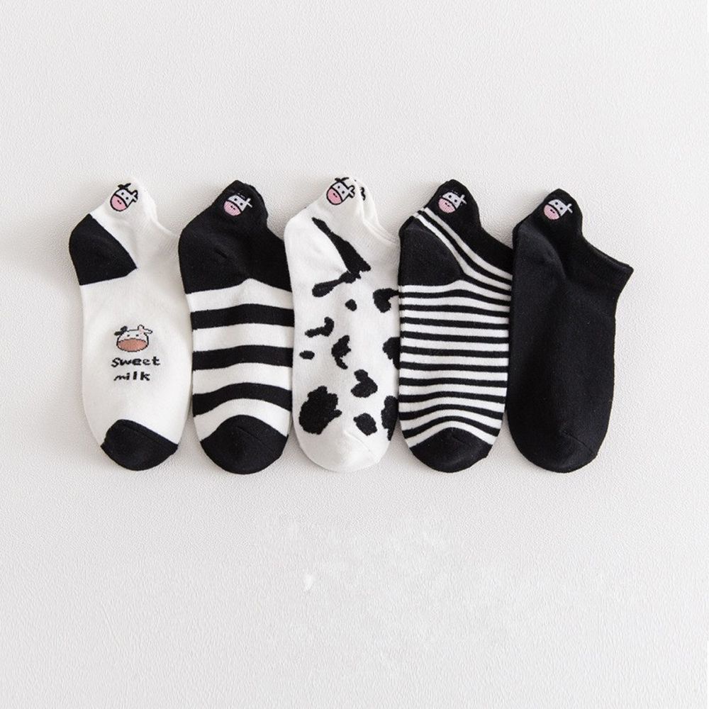 IVORY Fashion Embroidery Panda Socks Cartoon Animals Ankle Socks Women Cotton Socks Female Kawaii Cow Spot Black White Boat Socks 1 Pair Short Heel Socks