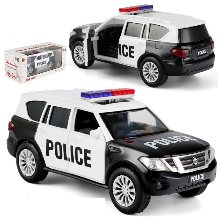 Xe ô tô cảnh sát Nissan bằng kim loại đồ chơi trẻ em mô hình tỉ lệ 1:36