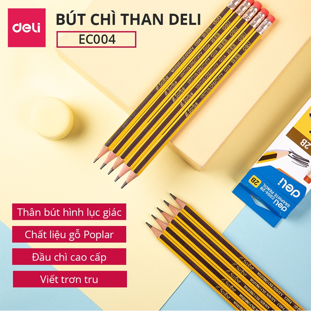 Bút chì than HB 2B có tẩy graphite Deli - dùng để đi thi và làm bài kiểm tra - nhạy với máy chấm - 1 chiếc / 12 chiếc