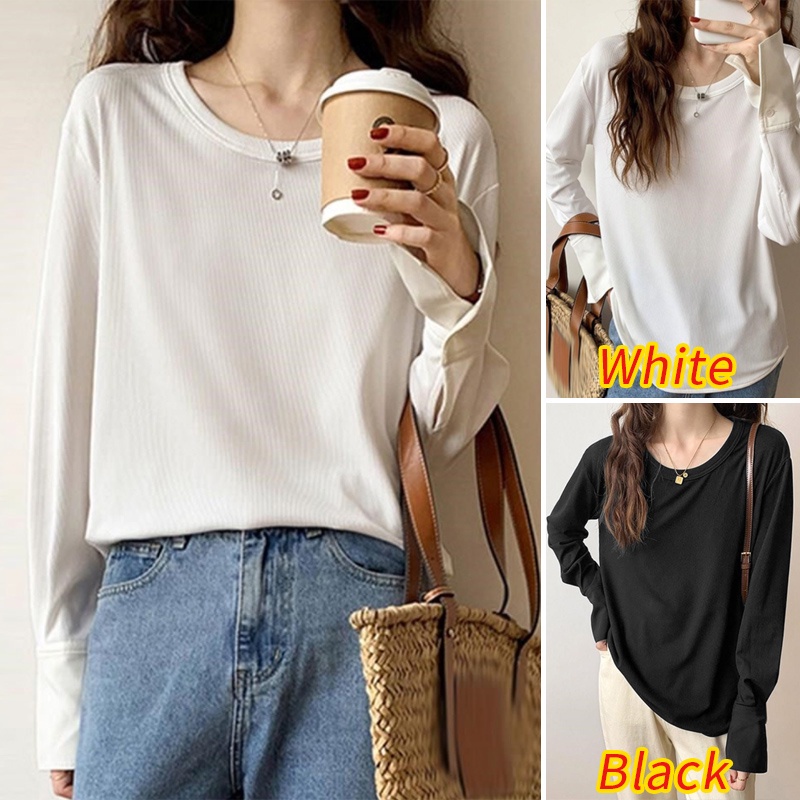 Áo thun ZANZEA tay dài cổ tròn phong cách Hàn Quốc sành điệu cho nữ