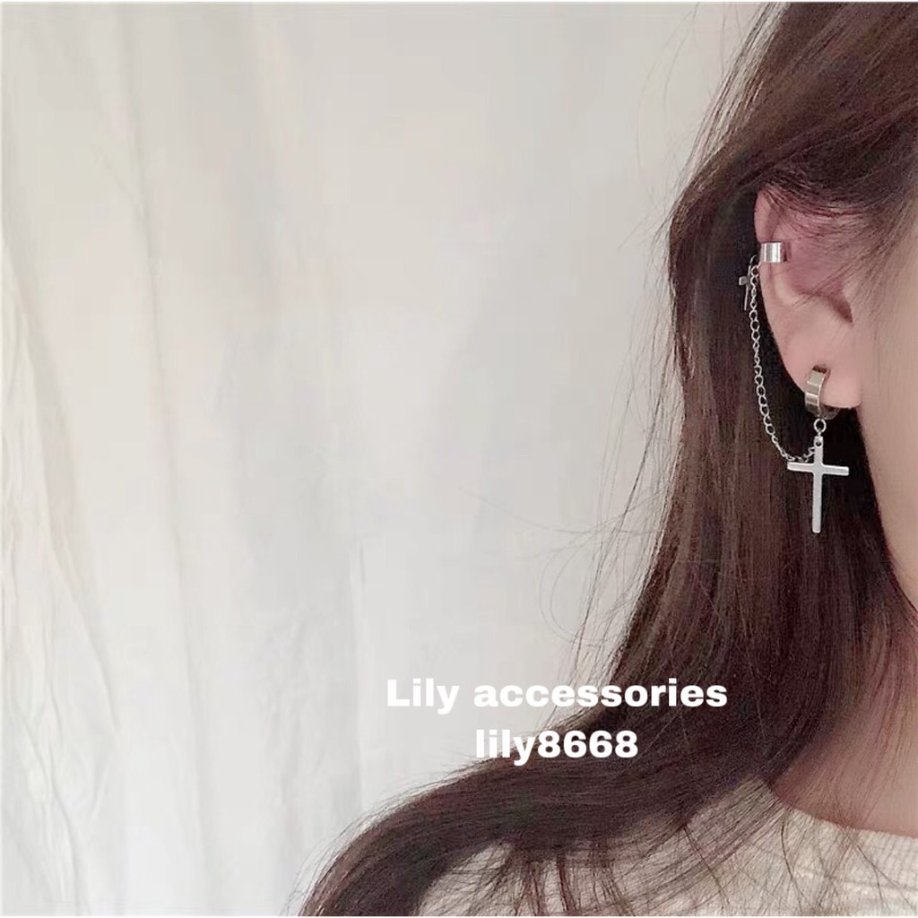 Cross Ear Cuffkẹp kẹp tai titan thánh giá nam nữ không cần xỏ lỗ không gỉ không đen không dị ứng Unisex