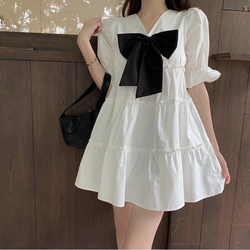 [8.8 Sales Freeship] Đầm tiểu thư, đầm trắng babydoll cổ v đính nơ đen to