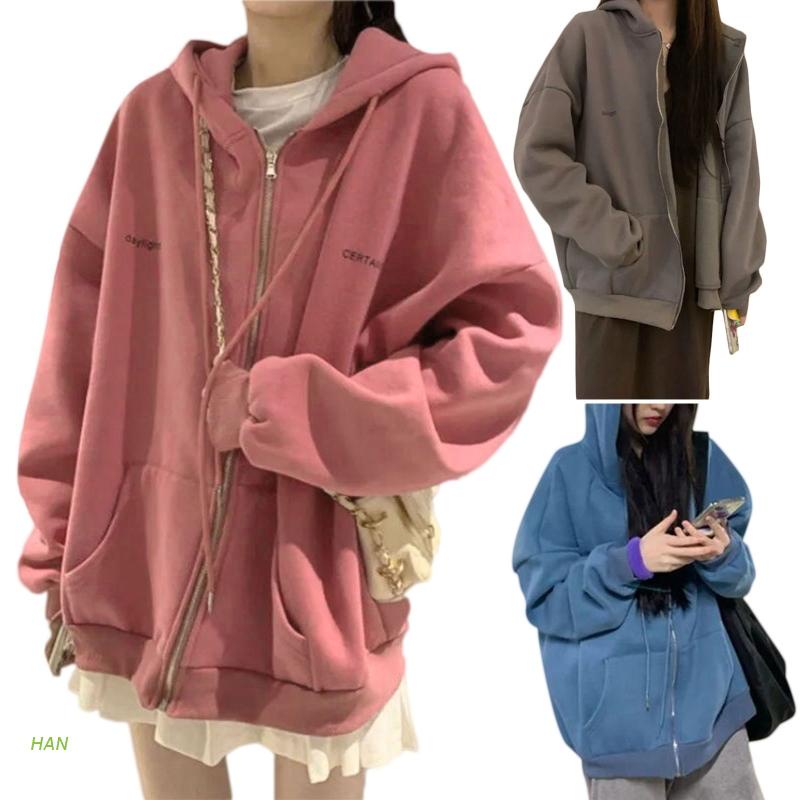 Áo khoác hoodie tay dài dáng rộng màu sắc đơn giản phong cách hip hop Hàn Quốc cho nữ