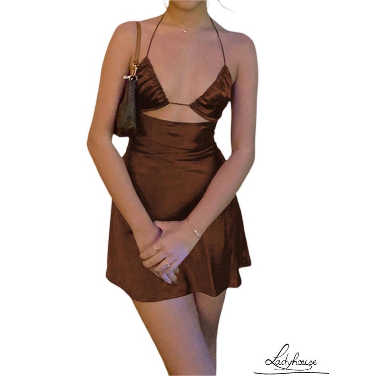 Đầm Ngắn Không Tay Cổ Yếm Cắt Thấp Màu Trơn Thời Trang Mùa Hè Cho Nữ