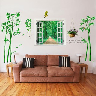[ Size Lớn ] Decal dán tường kết hợp Trúc và cửa số rừng xanh 0779C-AY823