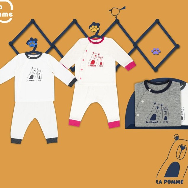 Bộ q.a dài tay cúc chéo sơ sinh hai bé gấu mềm mịn cao cấp bé trai bé gái La Pomme SL166