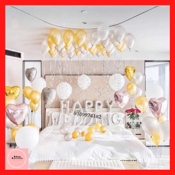 Trang trí phòng cưới -Tặng 100 cánh hoa hồng giả ❤️FREESHIP❤️ Set bóng trang trí đám cưới phòng tân hôn vàng trắng c98