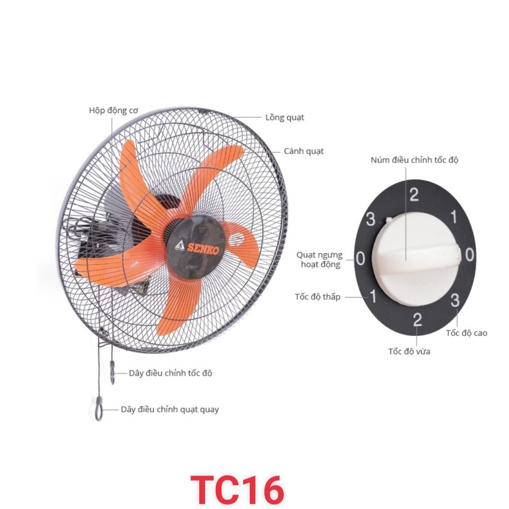 Quạt treo tường đế sắt Senko TC16 2 dây