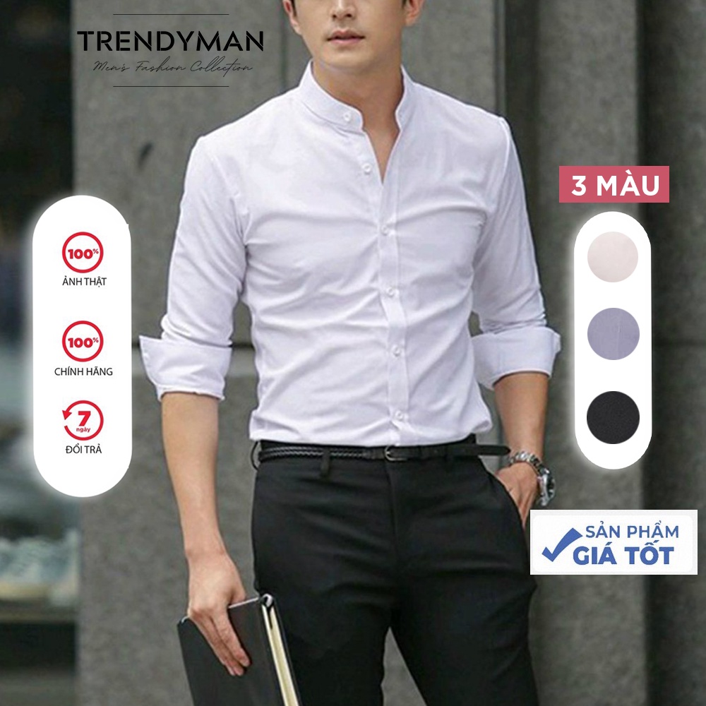 Áo sơ mi nam dài tay cổ tàu Trendyman vải lụa co giãn chống nhăn cao cấp
