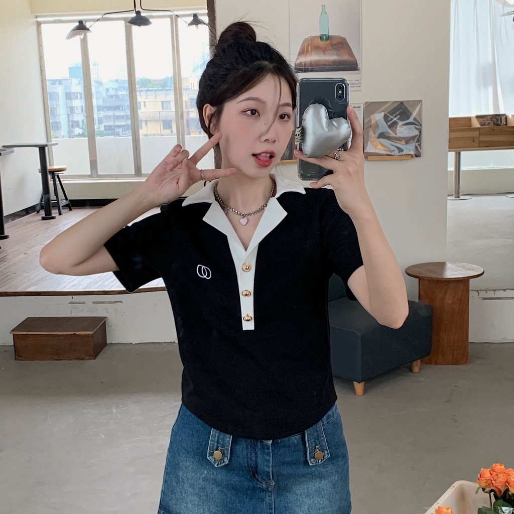 Áo thun ZHELIHANGFEI dệt kim cổ polo tay ngắn phong cách xinh xắn trẻ trung