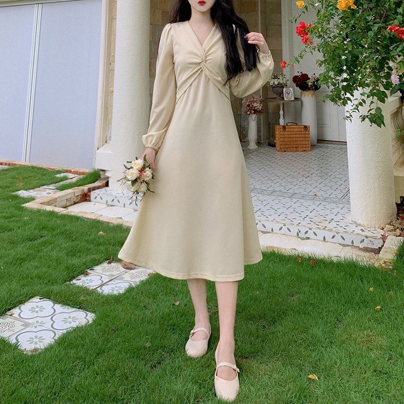 Đầm PERTY tay dài phồng cổ chữ V dáng vừa vặn thời trang Hàn Quốc quyến rũ