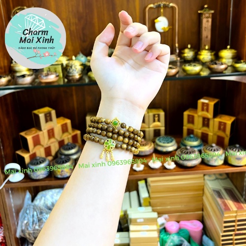 Chuỗi Trầm Hương Tốc 108 hạt 6mm phối Hoa Sen, Búp Sen mạ điện và Cỏ 4 Lá Lông Chim - Vòng Tay Gỗ tự nhiên Nữ phong thuỷ