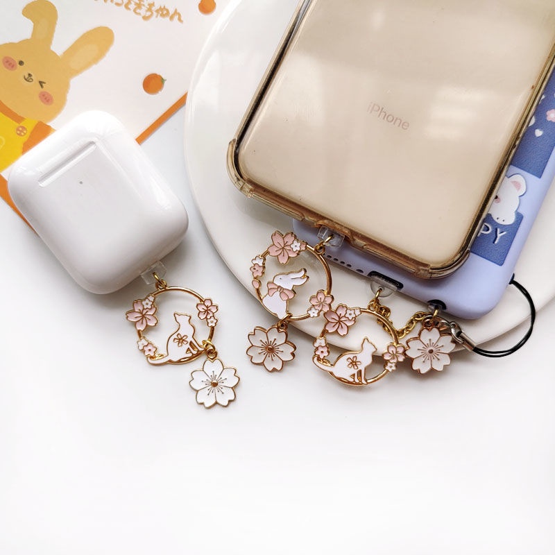 Dây Gắn Điện Thoại Jack Cắm Tai Nghe Chống Bụi Hình Thỏ Sakura Dễ Thương Cho Android