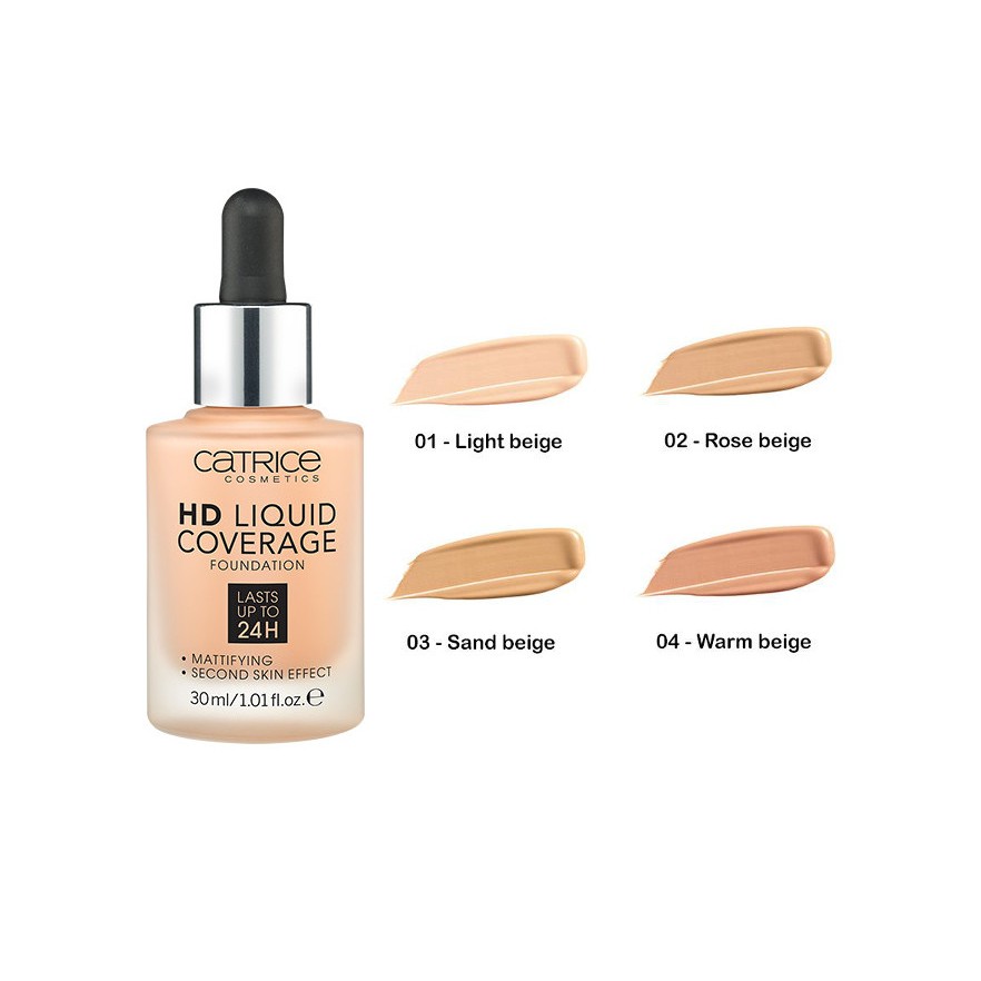 Kem nền kiềm dầu Catrice HD 24h Liquid Coverage Foundation che phủ tốt màu 01